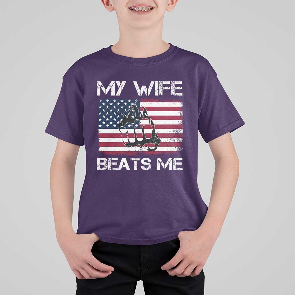 Funny Husband Sarcastic T Shirt For Kid American Flag My Wife Beats Me - Wonder Print Shop
