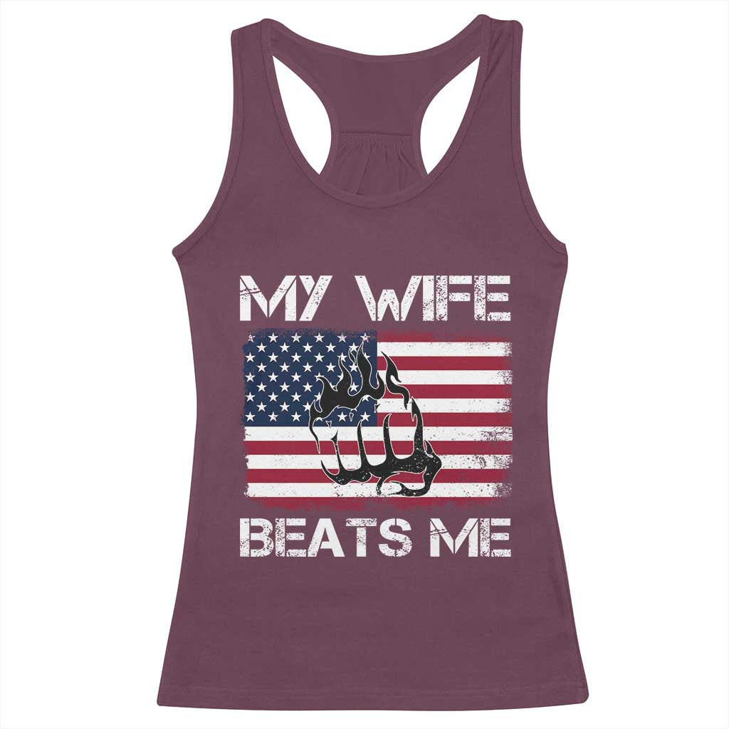 Funny Husband Sarcastic Racerback Tank Top American Flag My Wife Beats Me - Wonder Print Shop