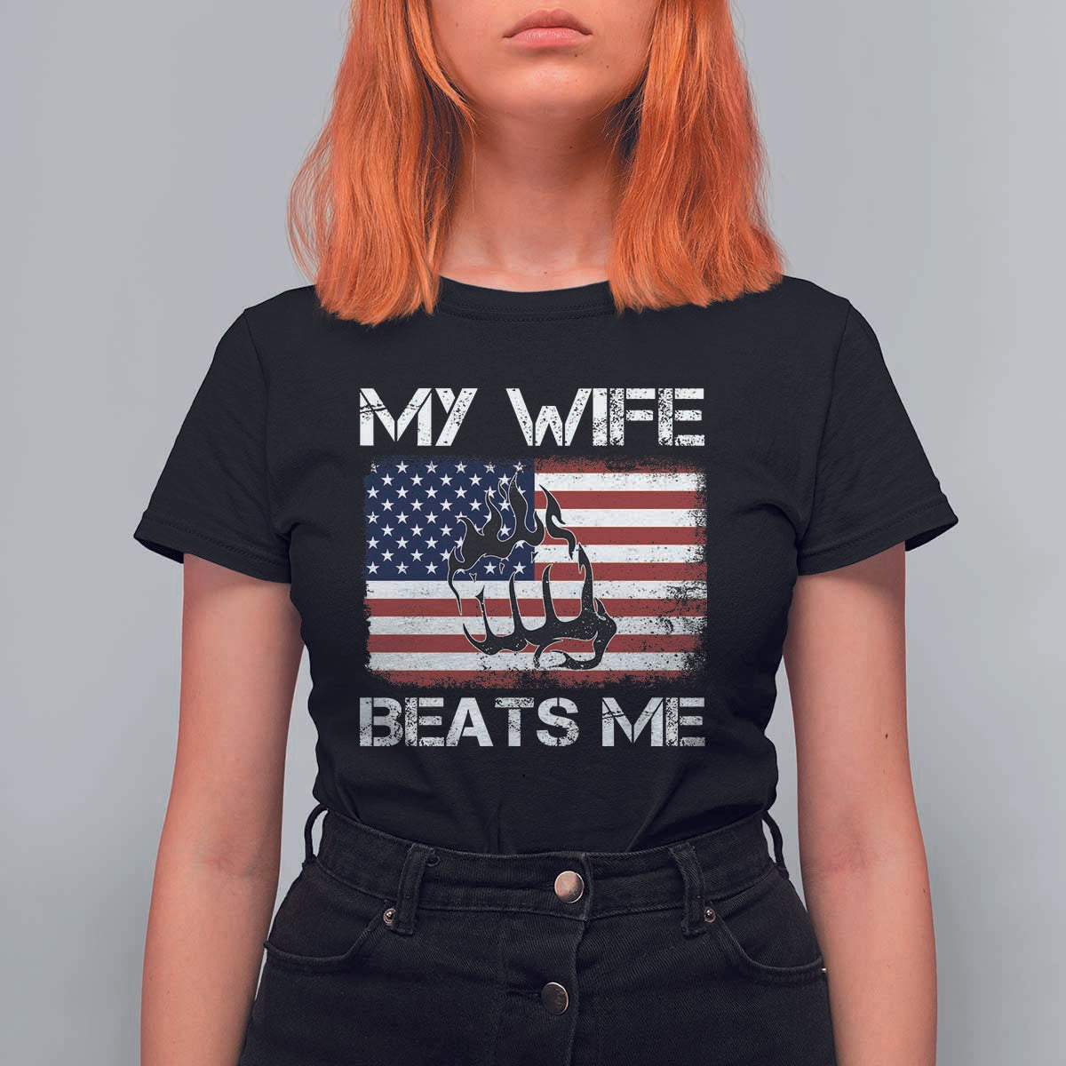 Funny Husband Sarcastic T Shirt For Women American Flag My Wife Beats Me - Wonder Print Shop