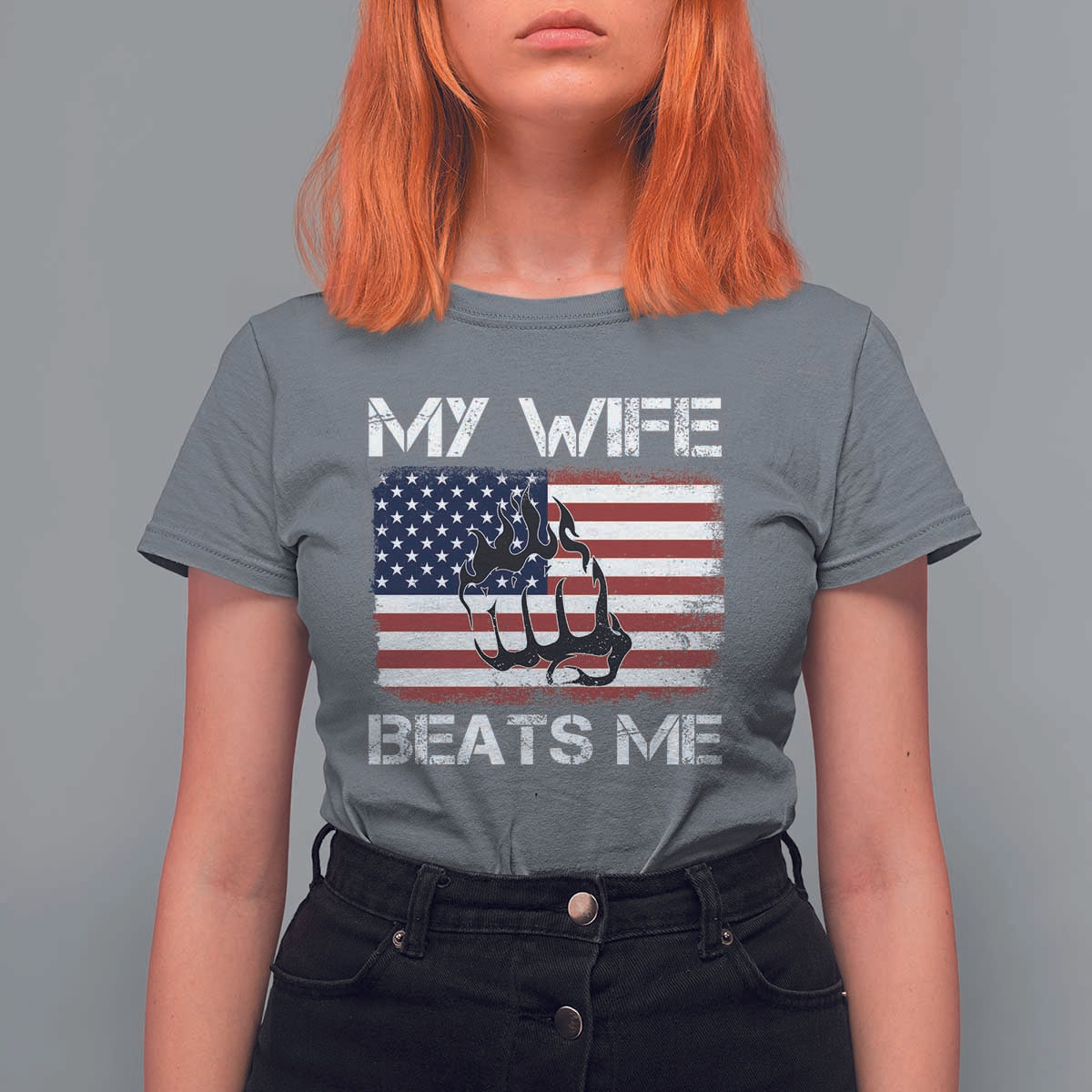Funny Husband Sarcastic T Shirt For Women American Flag My Wife Beats Me - Wonder Print Shop