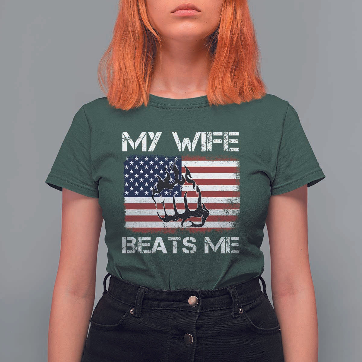 Funny Husband Sarcastic T Shirt For Women American Flag My Wife Beats Me - Wonder Print Shop