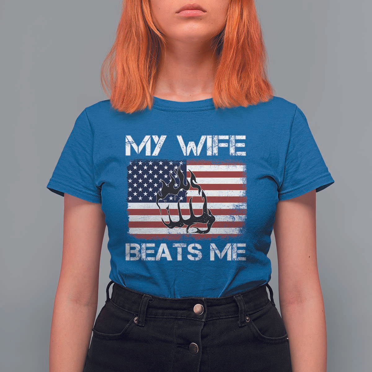 Funny Husband Sarcastic T Shirt For Women American Flag My Wife Beats Me - Wonder Print Shop