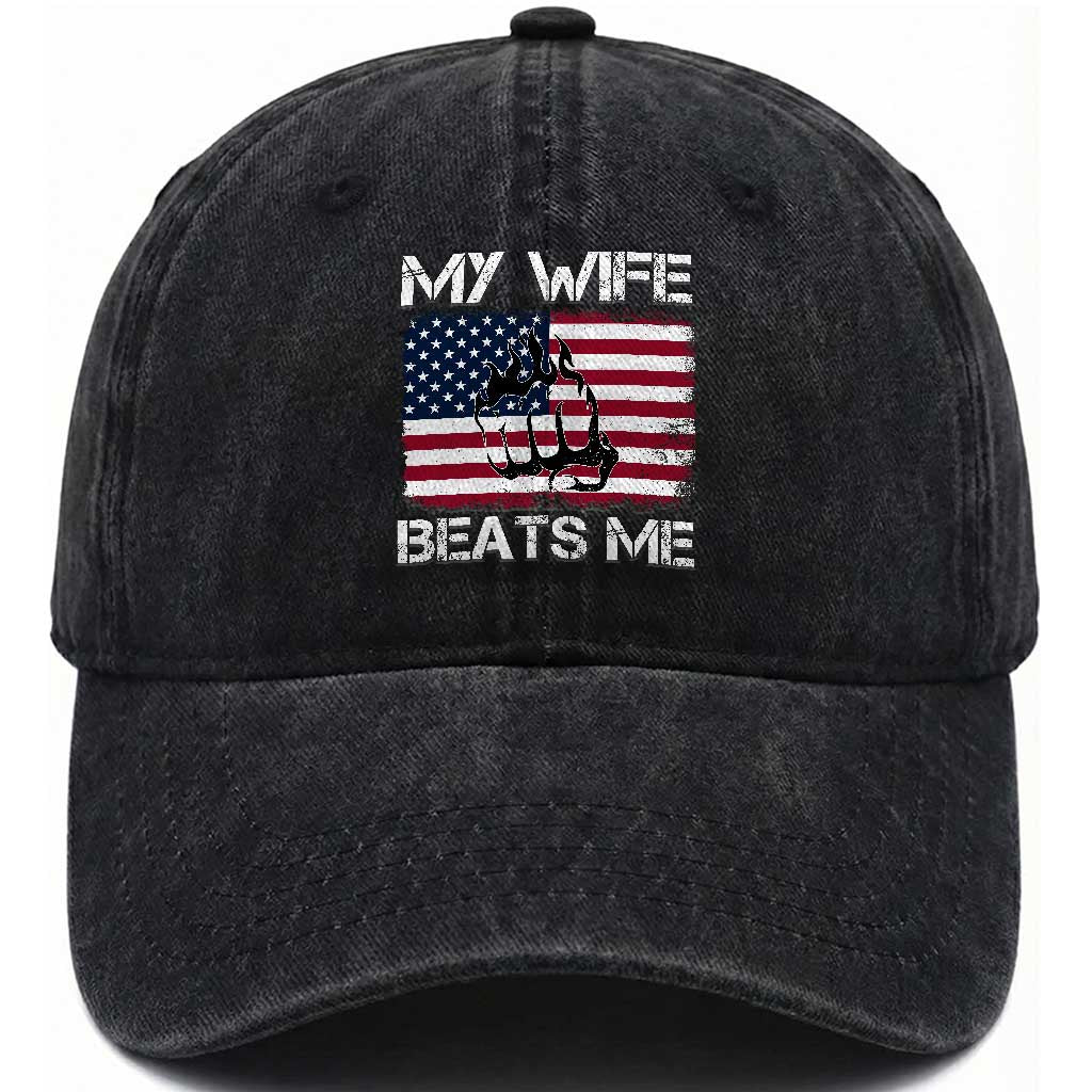 Funny Husband Sarcastic Washed Cotton Baseball Cap American Flag My Wife Beats Me