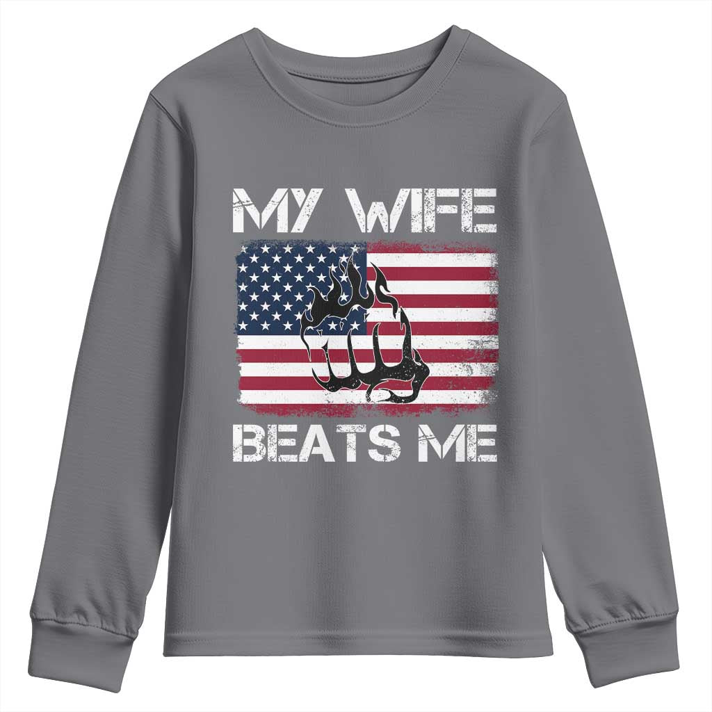 Funny Husband Sarcastic Youth Sweatshirt American Flag My Wife Beats Me - Wonder Print Shop