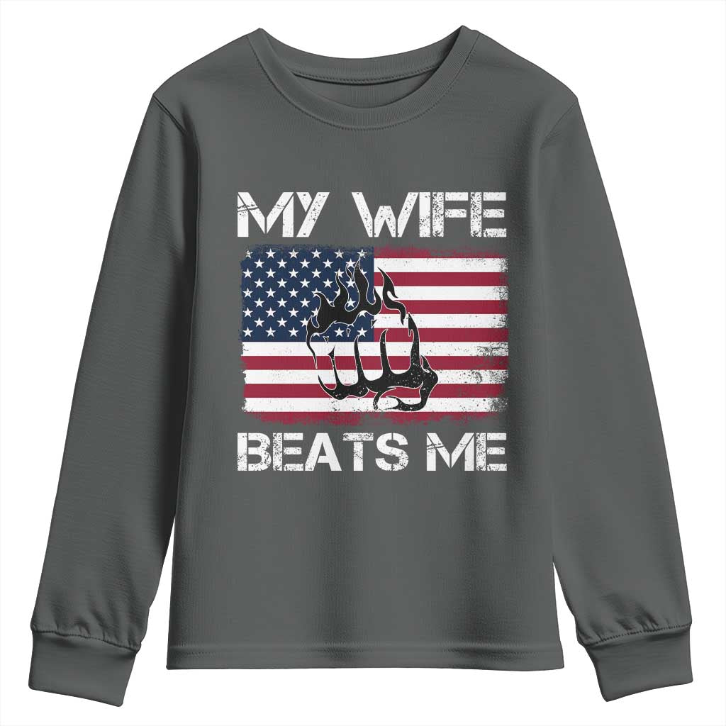 Funny Husband Sarcastic Youth Sweatshirt American Flag My Wife Beats Me - Wonder Print Shop