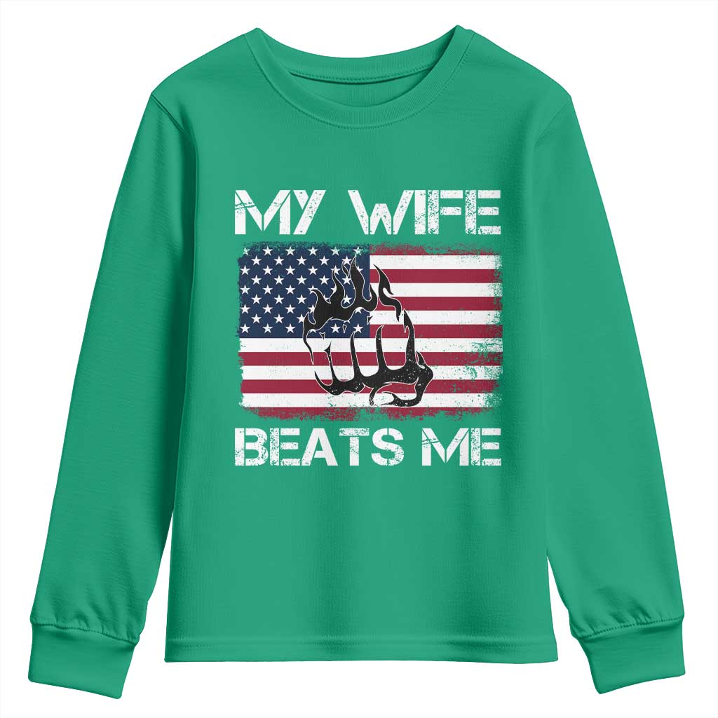Funny Husband Sarcastic Youth Sweatshirt American Flag My Wife Beats Me - Wonder Print Shop
