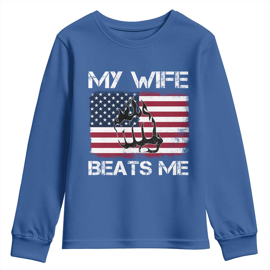 Funny Husband Sarcastic Youth Sweatshirt American Flag My Wife Beats Me - Wonder Print Shop