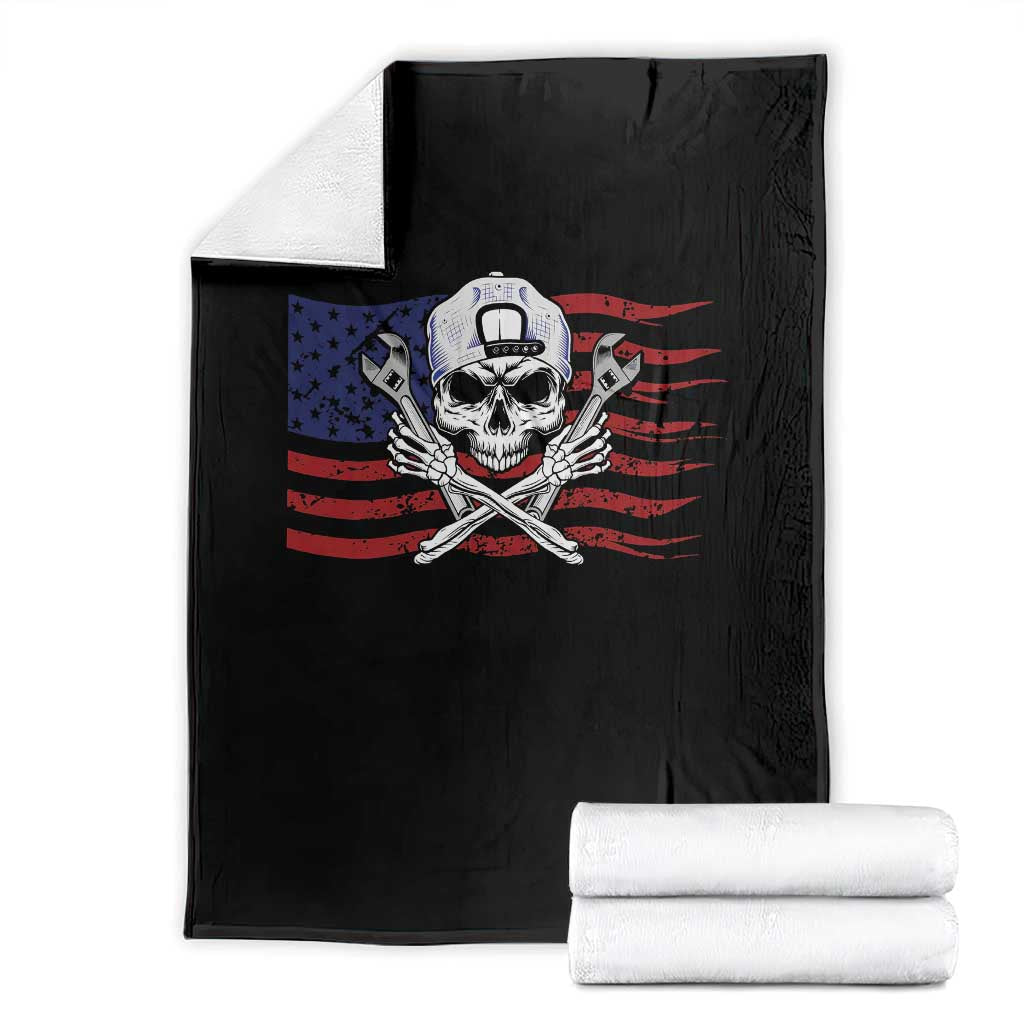 Skeleton Mechanic Throw Blanket American Flag Patriotic Car Repair - Wonder Print Shop