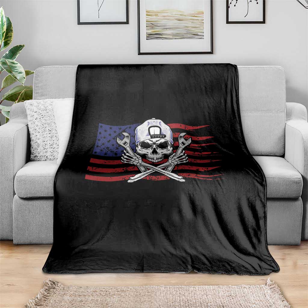 Skeleton Mechanic Throw Blanket American Flag Patriotic Car Repair - Wonder Print Shop