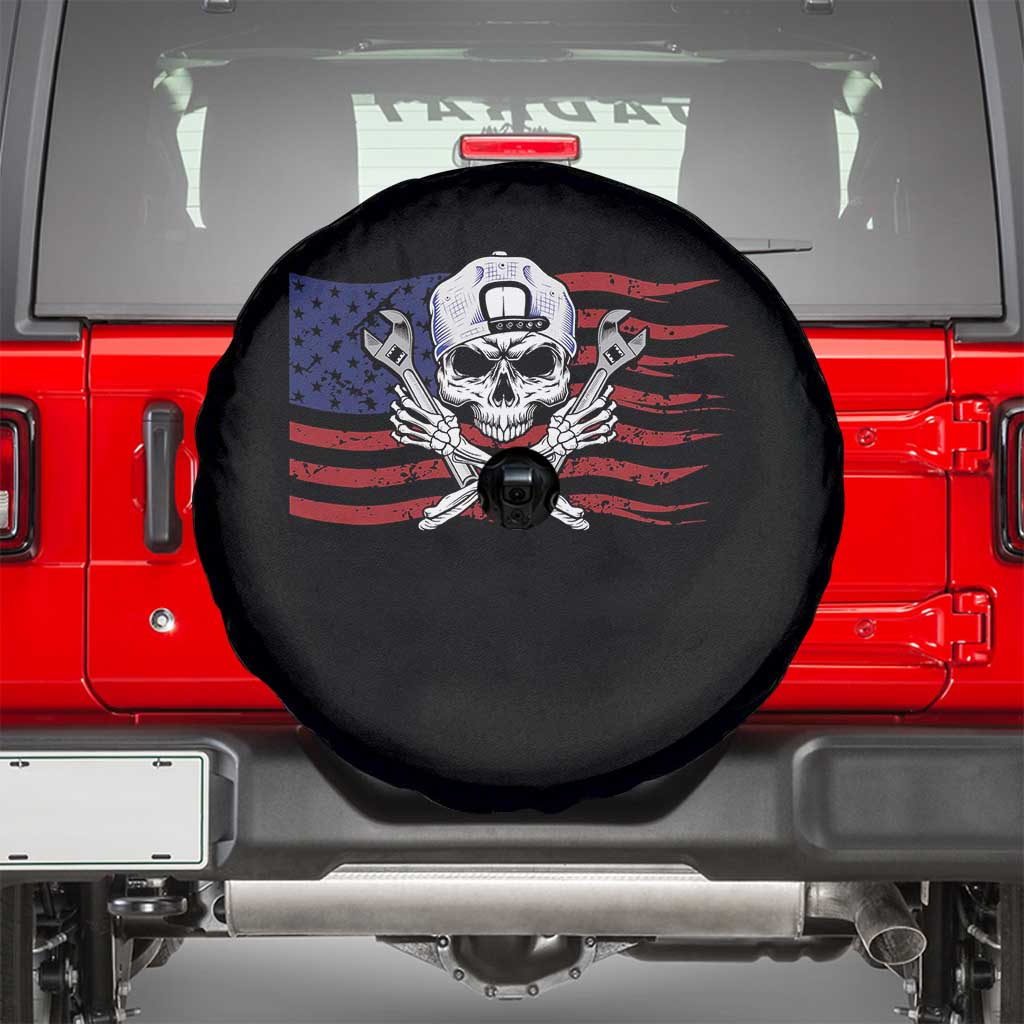 Skeleton Mechanic Spare Tire Cover American Flag Patriotic Car Repair - Wonder Print Shop