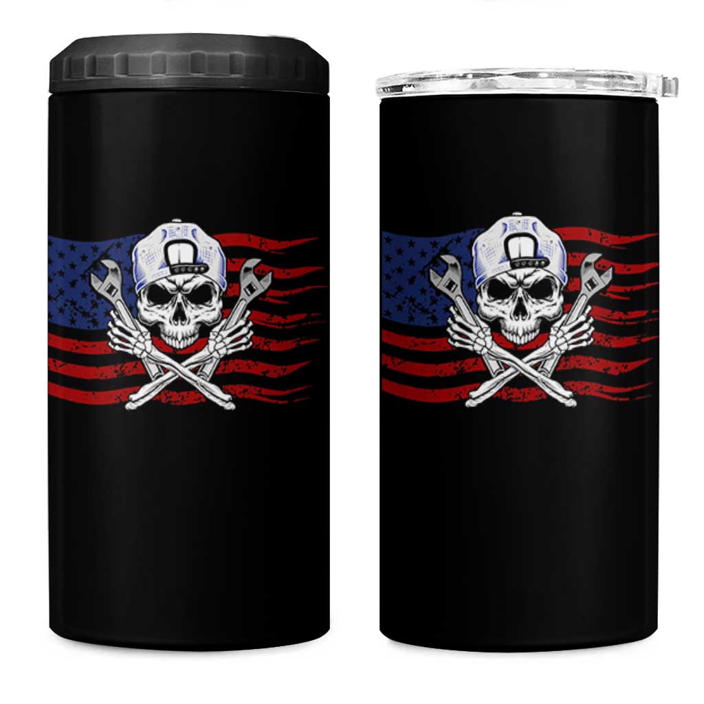 Skeleton Mechanic 4 in 1 Can Cooler Tumbler American Flag Patriotic Car Repair