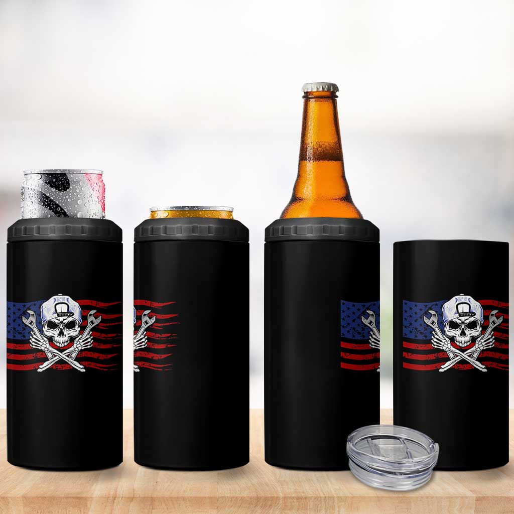 Skeleton Mechanic 4 in 1 Can Cooler Tumbler American Flag Patriotic Car Repair