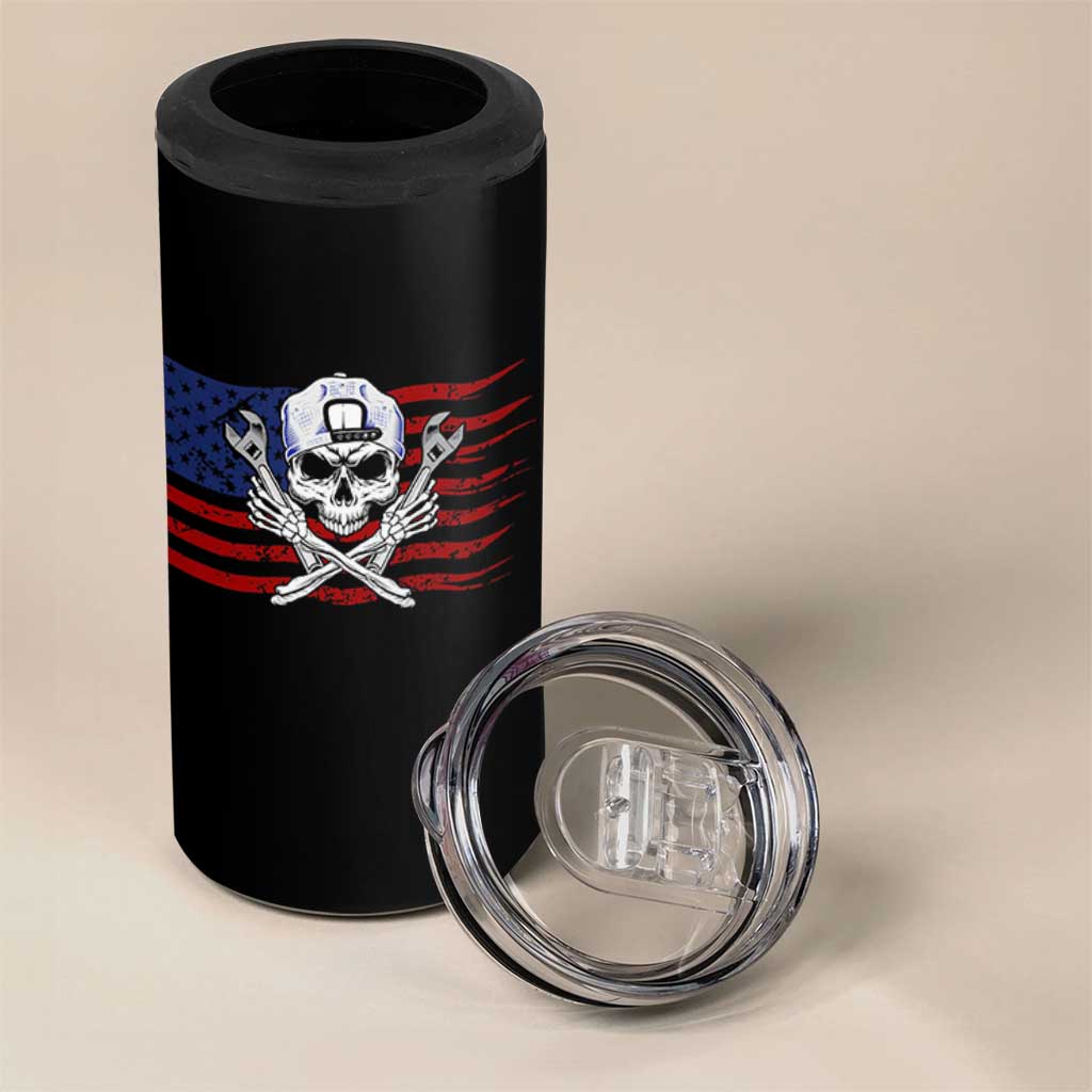 Skeleton Mechanic 4 in 1 Can Cooler Tumbler American Flag Patriotic Car Repair