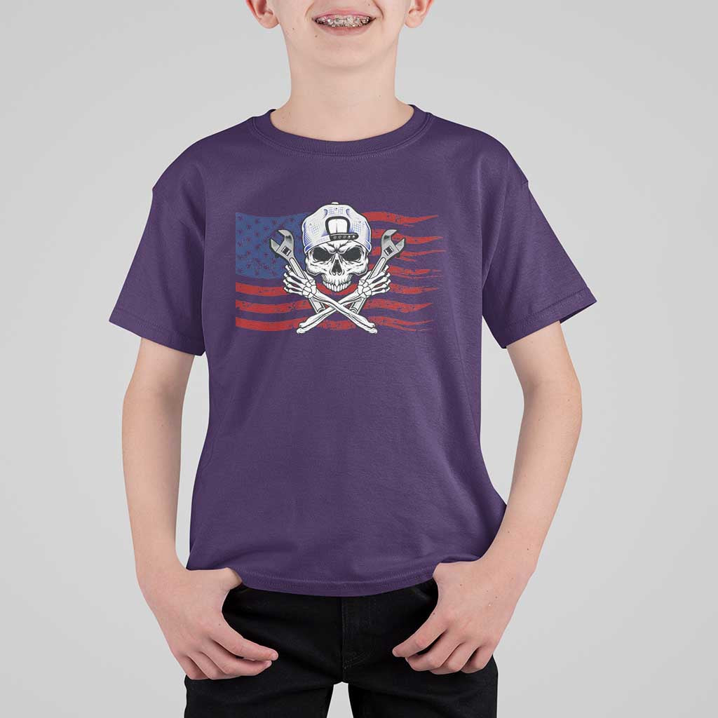 Skeleton Mechanic T Shirt For Kid American Flag Patriotic Car Repair - Wonder Print Shop