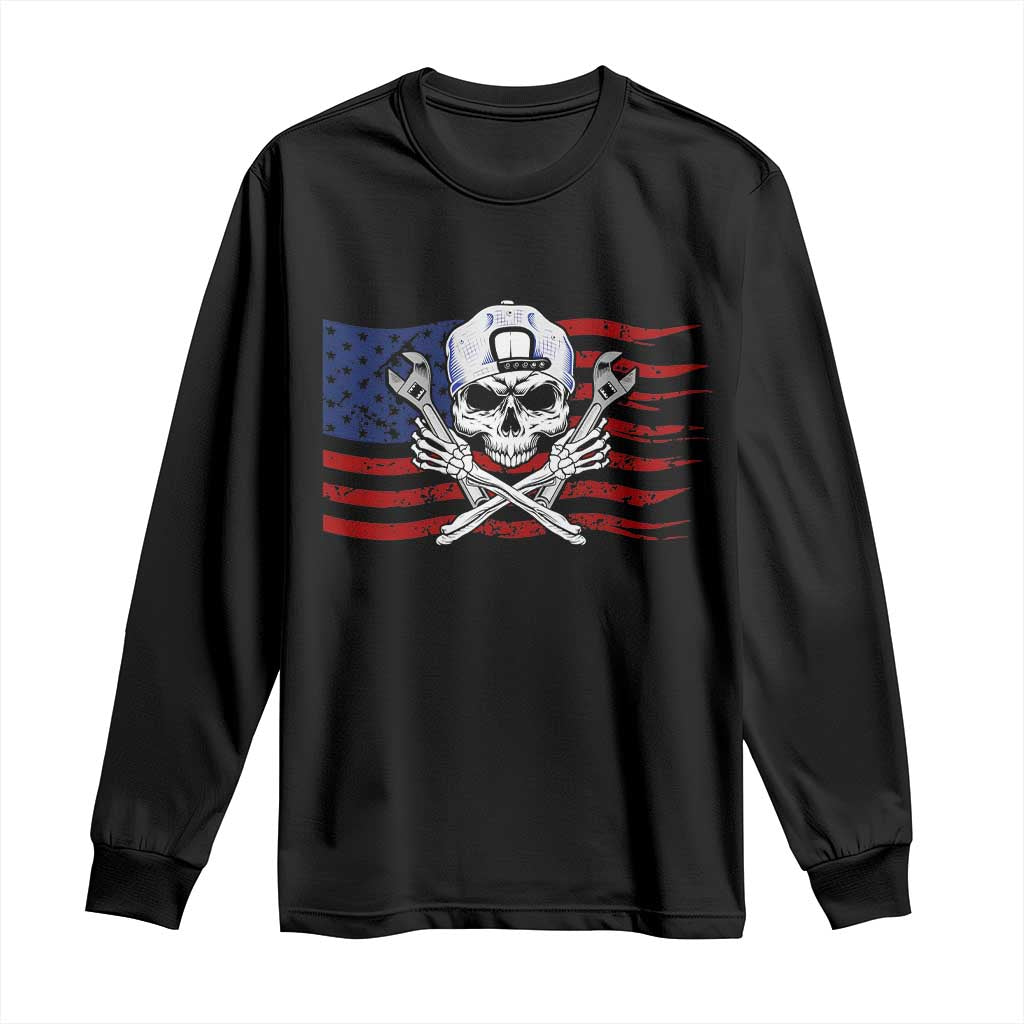 Skeleton Mechanic Long Sleeve Shirt American Flag Patriotic Car Repair - Wonder Print Shop