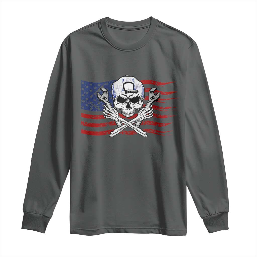 Skeleton Mechanic Long Sleeve Shirt American Flag Patriotic Car Repair - Wonder Print Shop