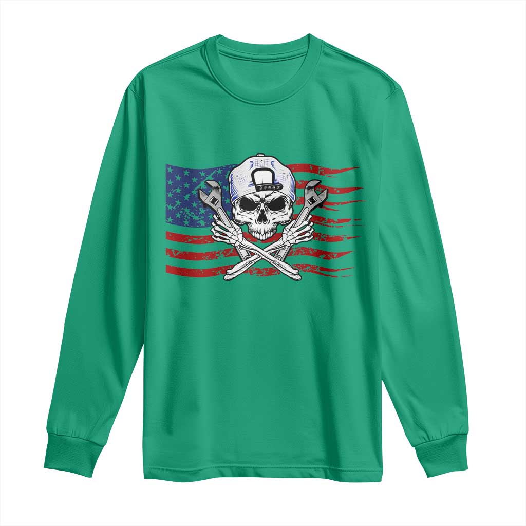 Skeleton Mechanic Long Sleeve Shirt American Flag Patriotic Car Repair - Wonder Print Shop