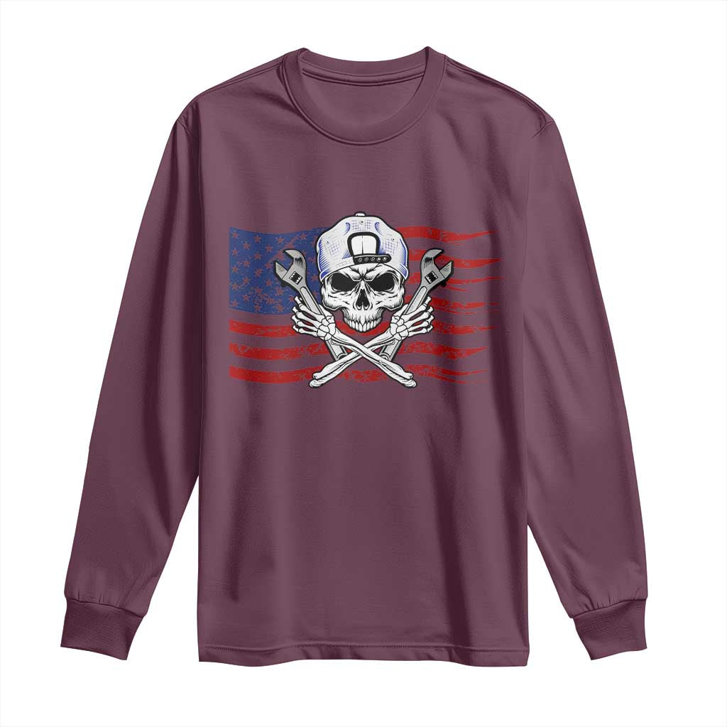 Skeleton Mechanic Long Sleeve Shirt American Flag Patriotic Car Repair - Wonder Print Shop