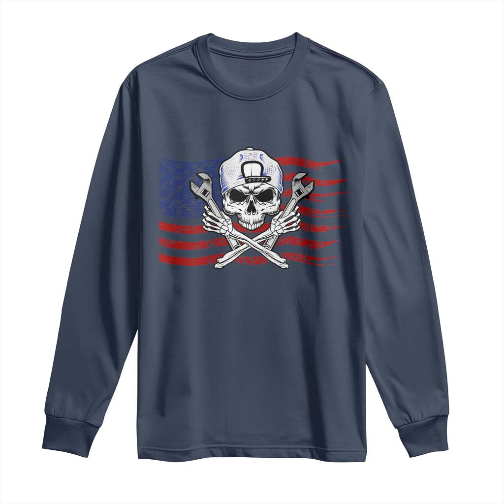 Skeleton Mechanic Long Sleeve Shirt American Flag Patriotic Car Repair - Wonder Print Shop