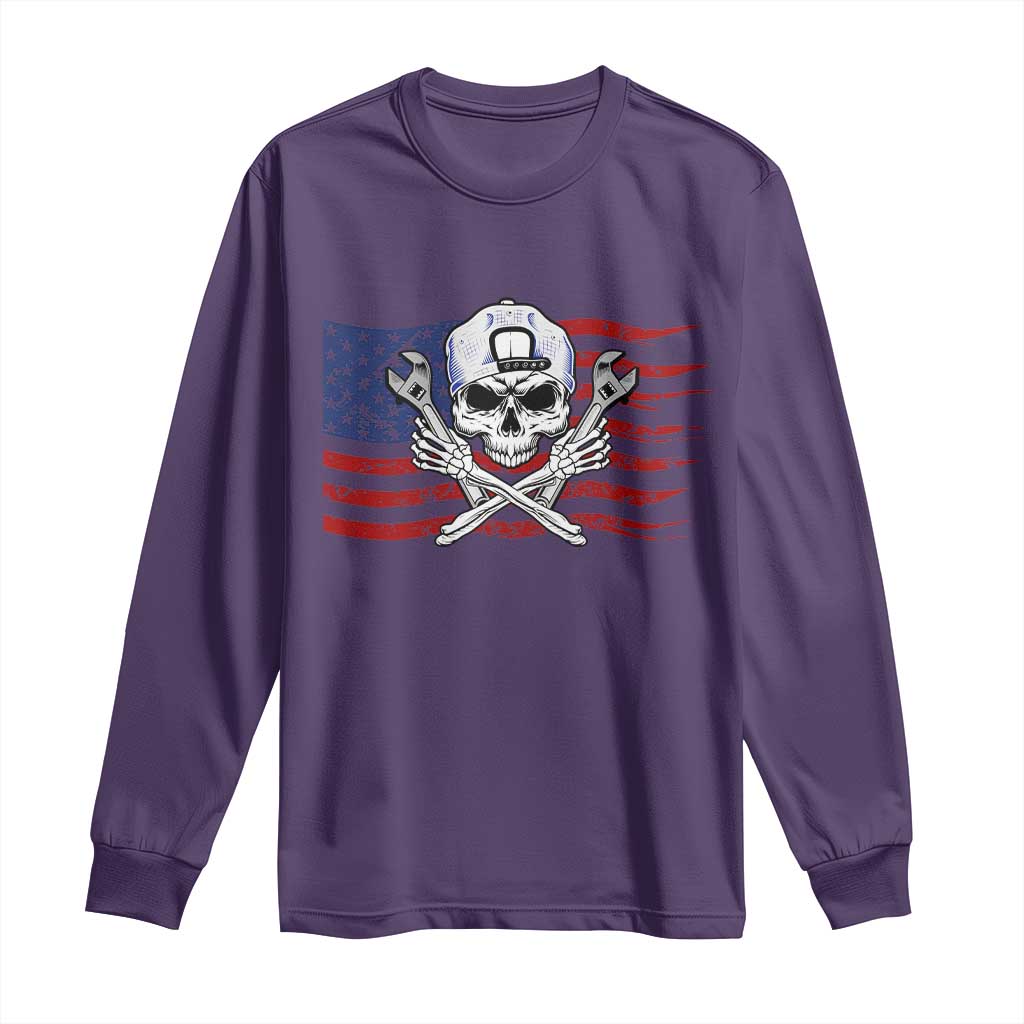Skeleton Mechanic Long Sleeve Shirt American Flag Patriotic Car Repair - Wonder Print Shop