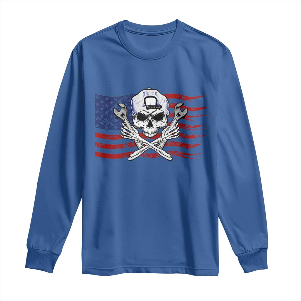 Skeleton Mechanic Long Sleeve Shirt American Flag Patriotic Car Repair - Wonder Print Shop