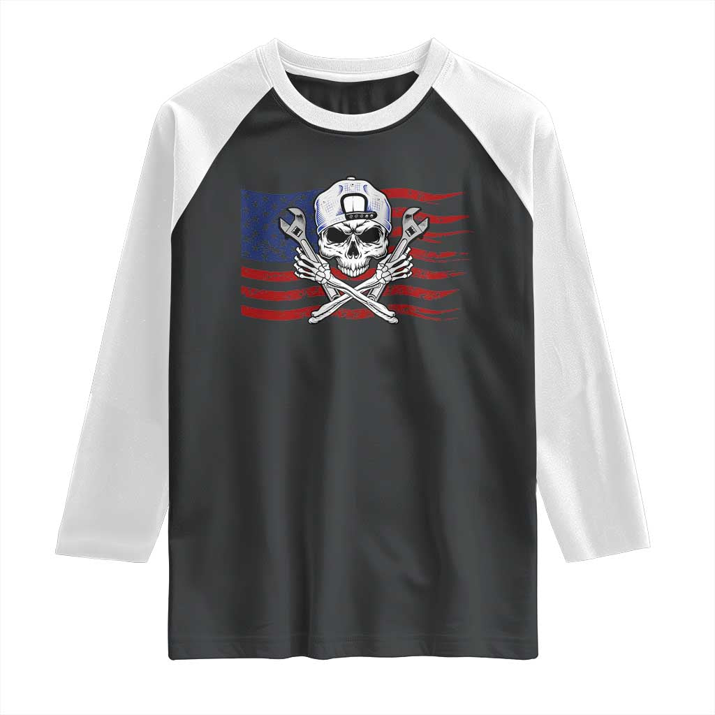 Skeleton Mechanic Raglan Shirt American Flag Patriotic Car Repair - Wonder Print Shop