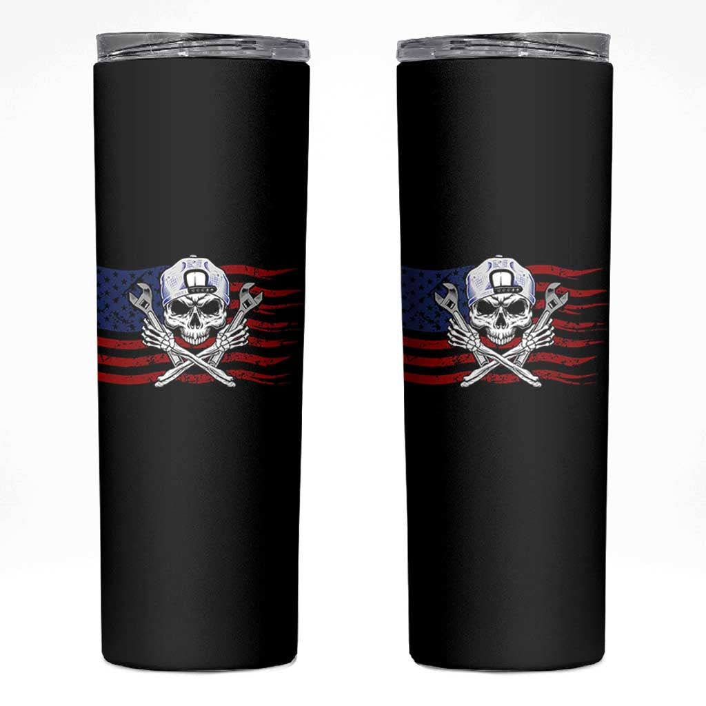 Skeleton Mechanic Skinny Tumbler American Flag Patriotic Car Repair