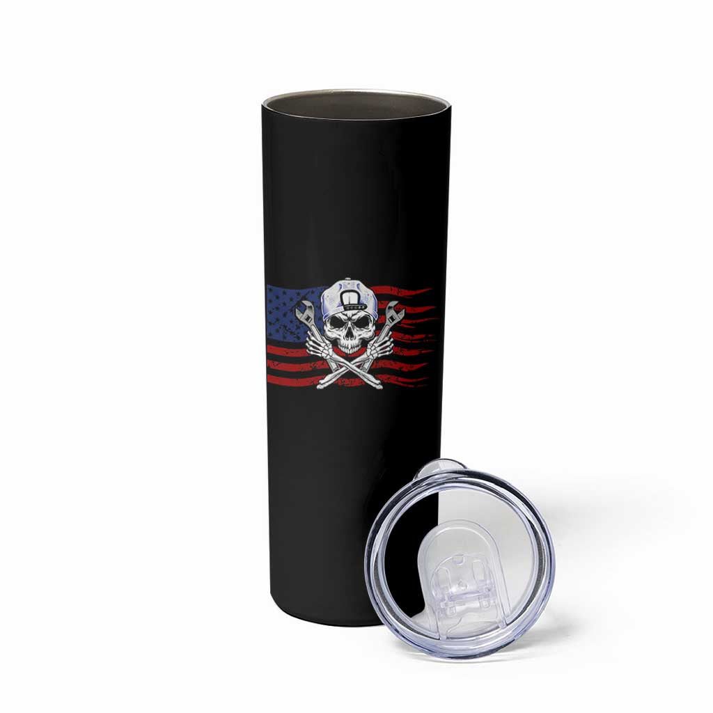 Skeleton Mechanic Skinny Tumbler American Flag Patriotic Car Repair
