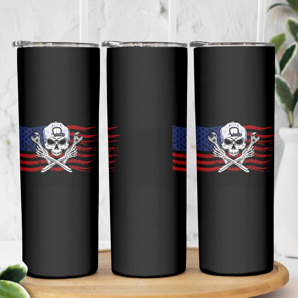 Skeleton Mechanic Skinny Tumbler American Flag Patriotic Car Repair