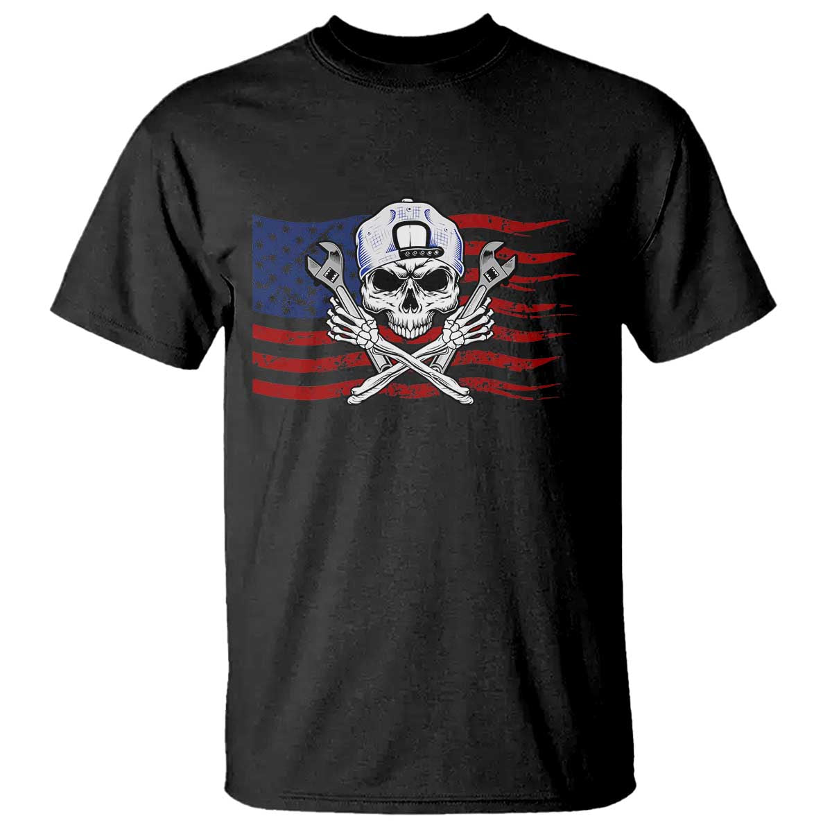 Skeleton Mechanic T Shirt American Flag Patriotic Car Repair - Wonder Print Shop