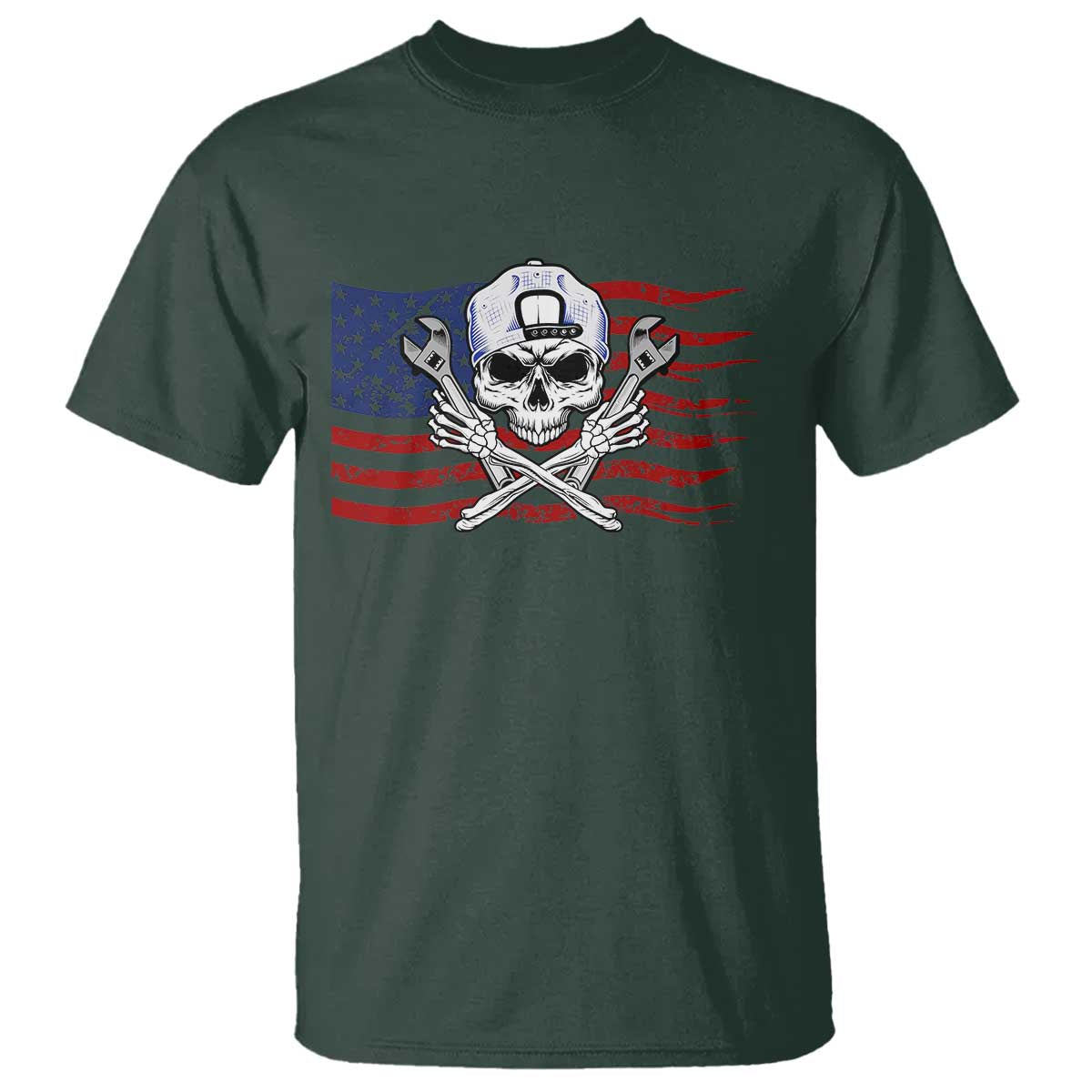 Skeleton Mechanic T Shirt American Flag Patriotic Car Repair - Wonder Print Shop