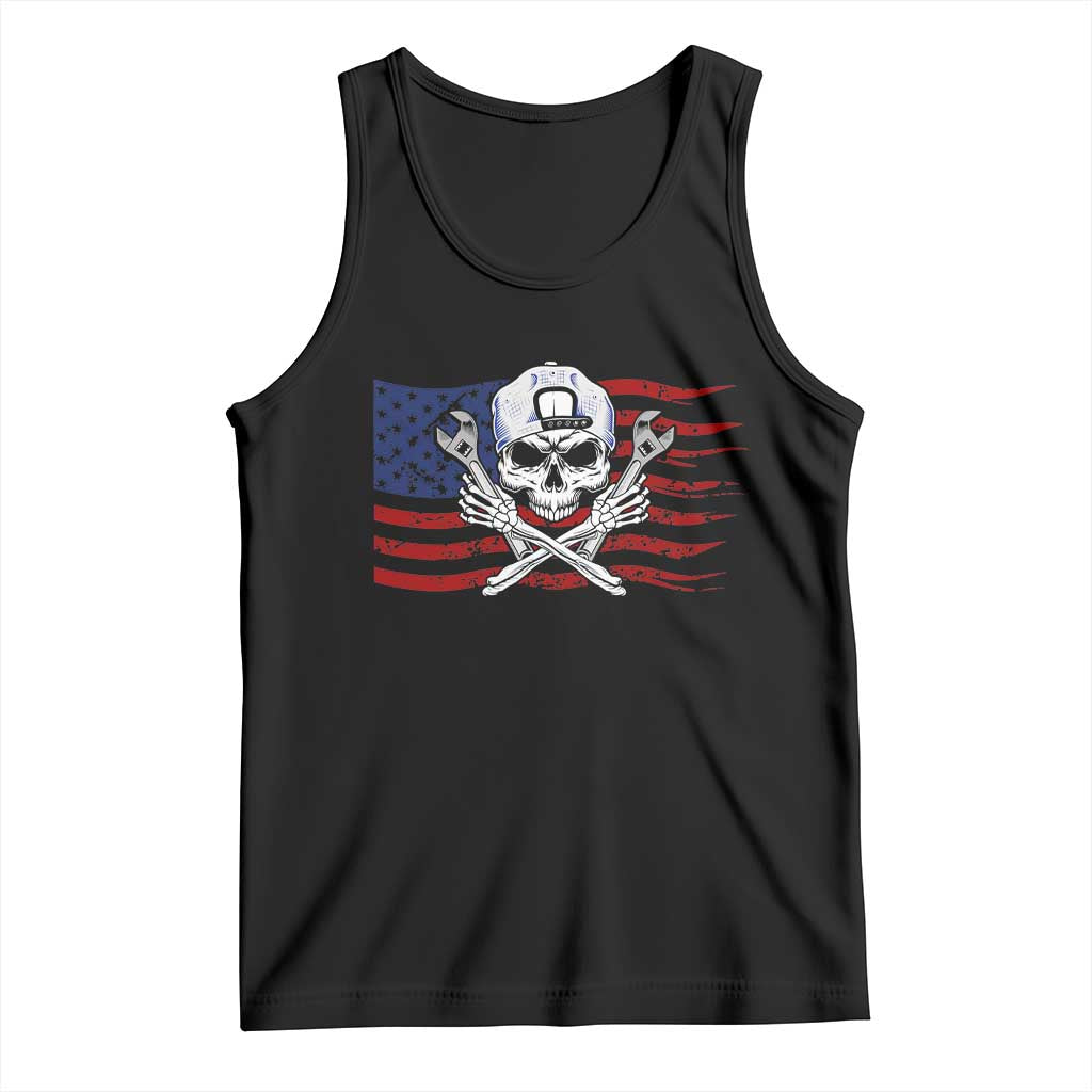 Skeleton Mechanic Tank Top American Flag Patriotic Car Repair - Wonder Print Shop