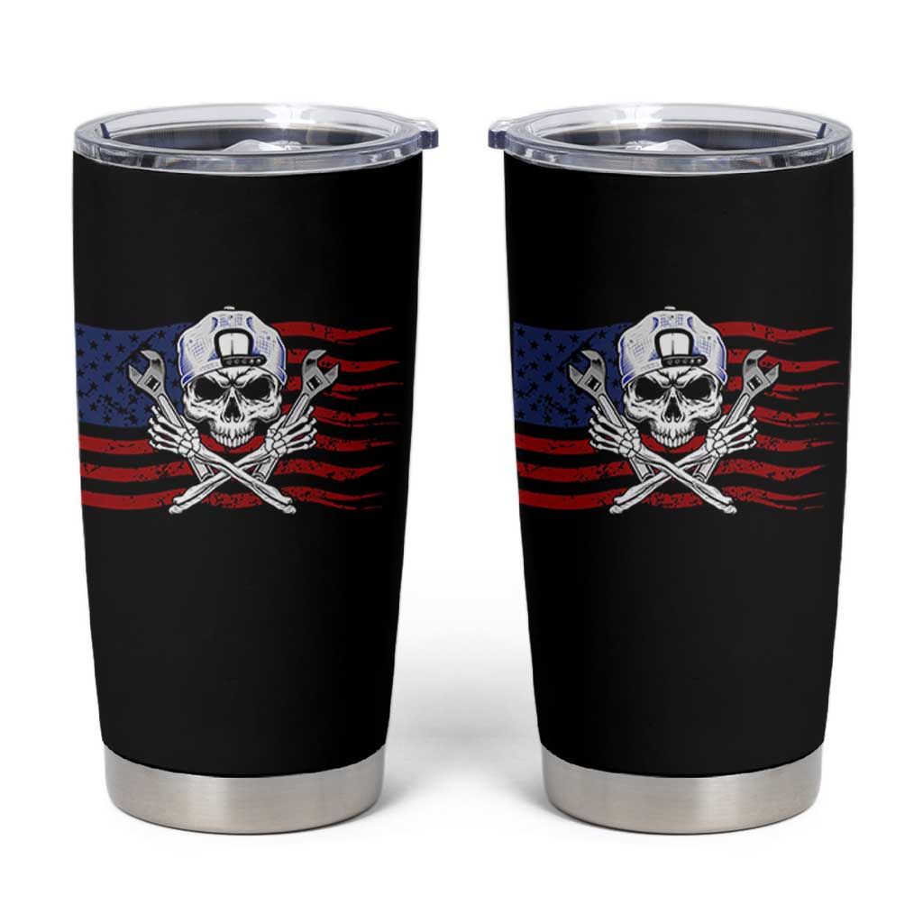 Skeleton Mechanic Tumbler Cup American Flag Patriotic Car Repair