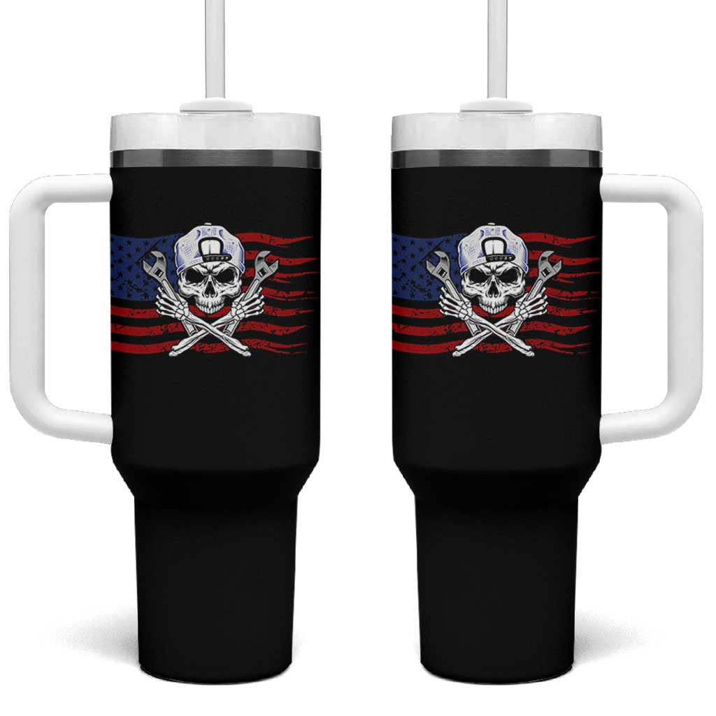 Skeleton Mechanic Tumbler With Handle American Flag Patriotic Car Repair