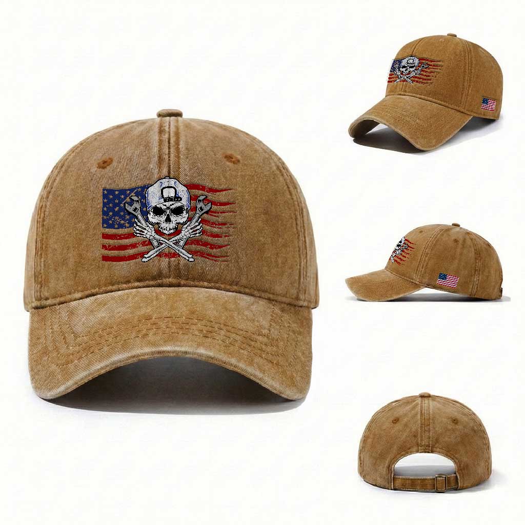 Skeleton Mechanic Washed Cotton Baseball Cap American Flag Patriotic Car Repair