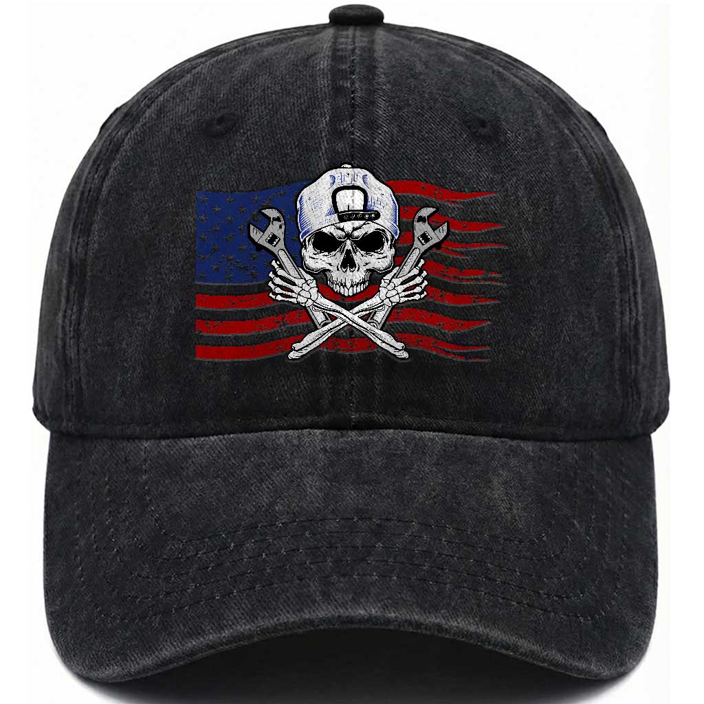 Skeleton Mechanic Washed Cotton Baseball Cap American Flag Patriotic Car Repair