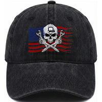 Skeleton Mechanic Washed Cotton Baseball Cap American Flag Patriotic Car Repair