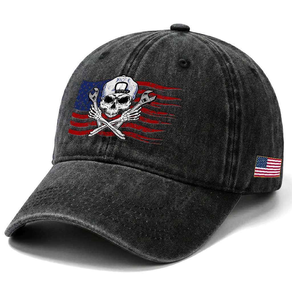Skeleton Mechanic Washed Cotton Baseball Cap American Flag Patriotic Car Repair