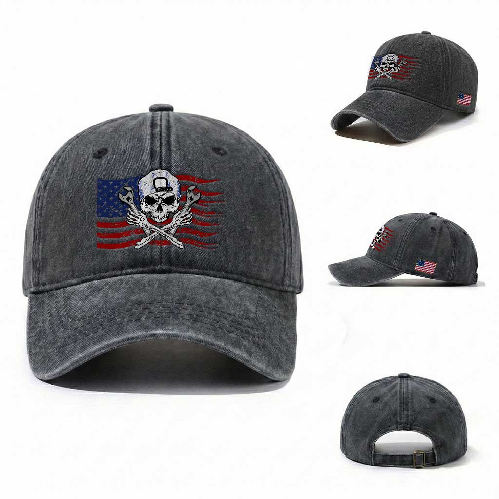 Skeleton Mechanic Washed Cotton Baseball Cap American Flag Patriotic Car Repair