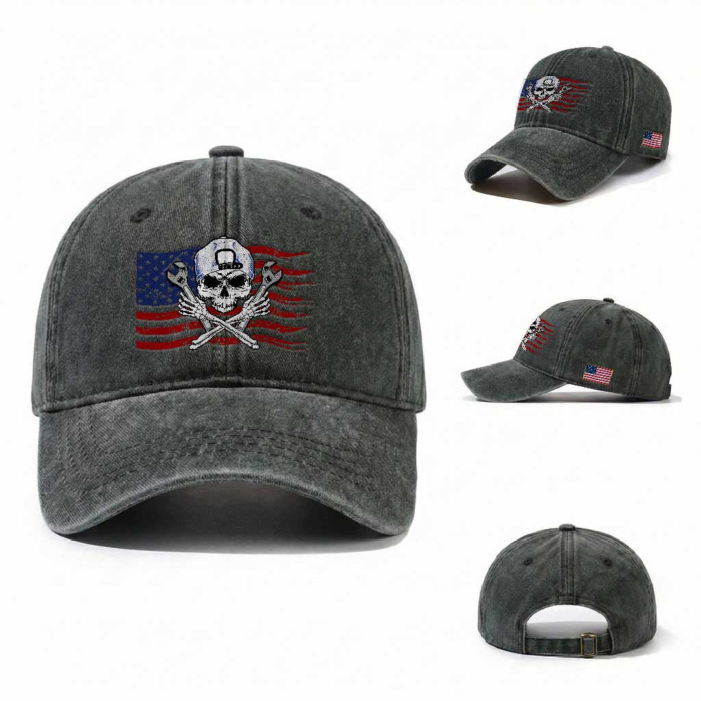 Skeleton Mechanic Washed Cotton Baseball Cap American Flag Patriotic Car Repair