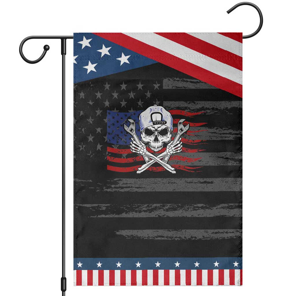Skeleton Mechanic Garden Flag American Flag Patriotic Car Repair