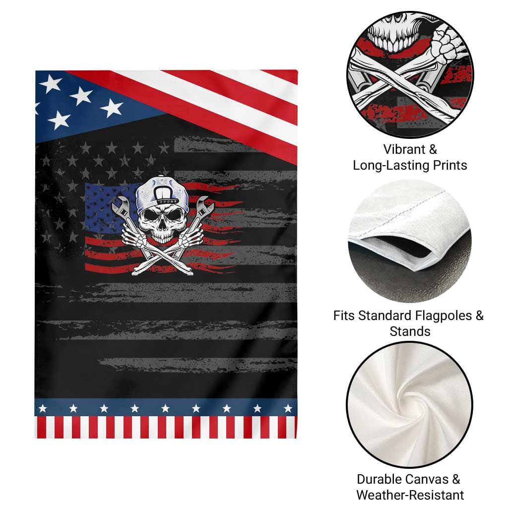 Skeleton Mechanic Garden Flag American Flag Patriotic Car Repair