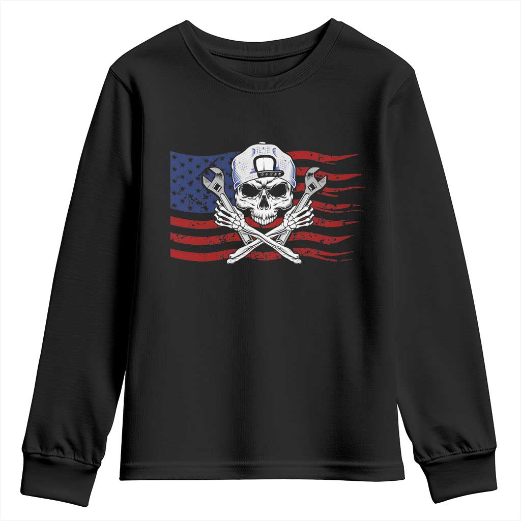 Skeleton Mechanic Youth Sweatshirt American Flag Patriotic Car Repair - Wonder Print Shop