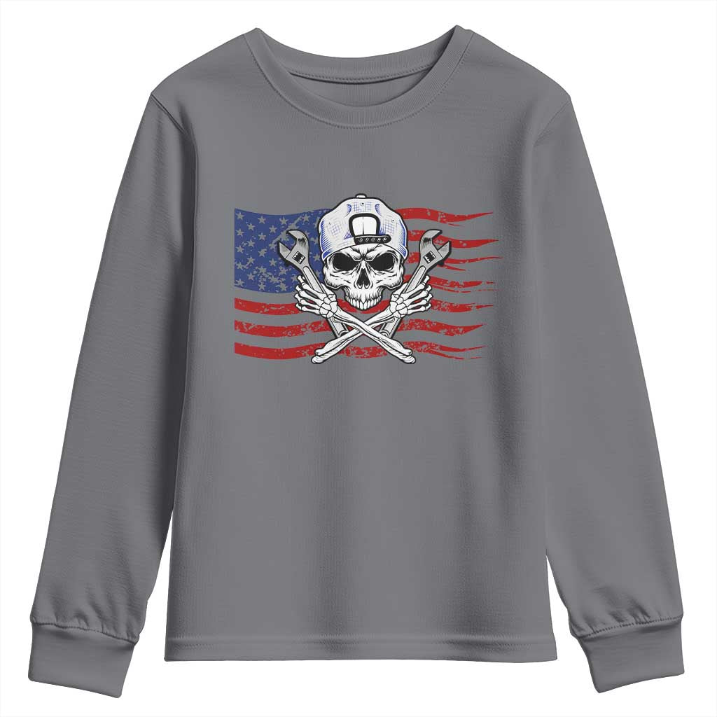 Skeleton Mechanic Youth Sweatshirt American Flag Patriotic Car Repair - Wonder Print Shop