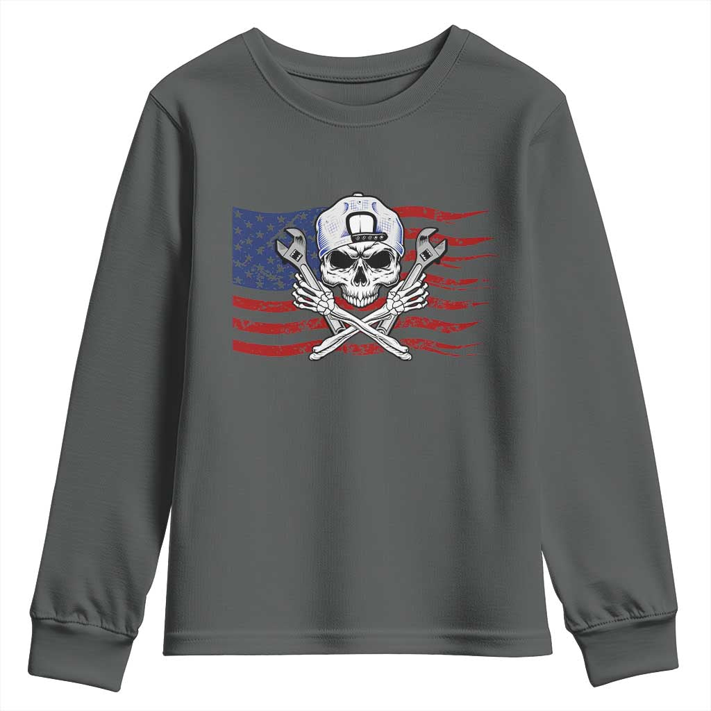 Skeleton Mechanic Youth Sweatshirt American Flag Patriotic Car Repair - Wonder Print Shop