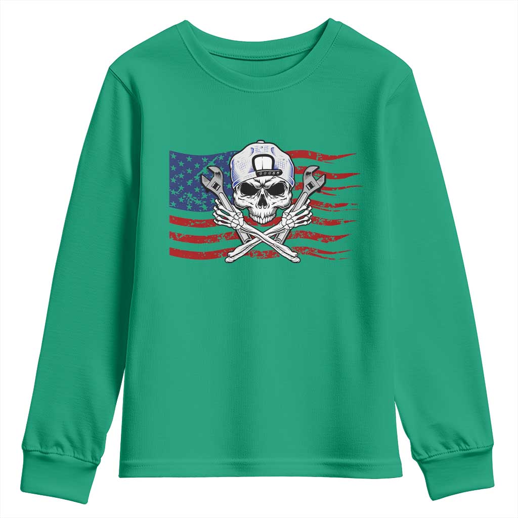 Skeleton Mechanic Youth Sweatshirt American Flag Patriotic Car Repair - Wonder Print Shop