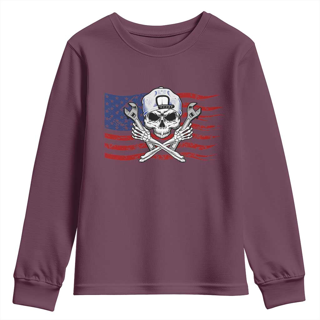 Skeleton Mechanic Youth Sweatshirt American Flag Patriotic Car Repair - Wonder Print Shop