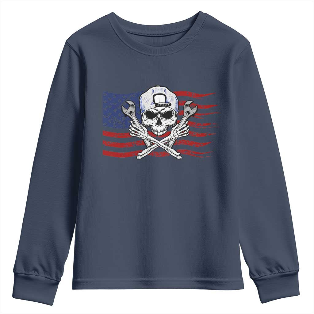 Skeleton Mechanic Youth Sweatshirt American Flag Patriotic Car Repair - Wonder Print Shop