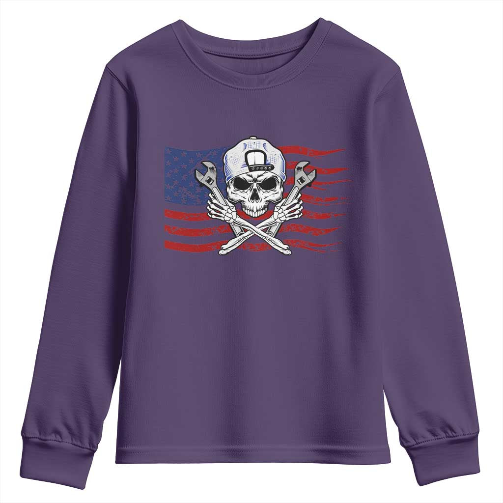 Skeleton Mechanic Youth Sweatshirt American Flag Patriotic Car Repair - Wonder Print Shop