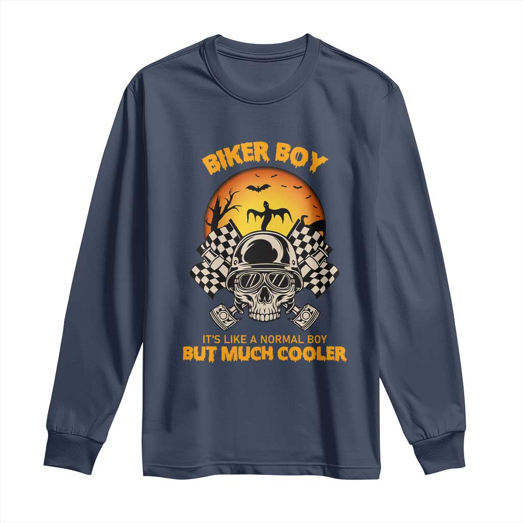 Funny Skull Motocycle Halloween Biker Son Long Sleeve Shirt Biker Boy It's Like A Normal Boy But Much Cooler - Wonder Print Shop